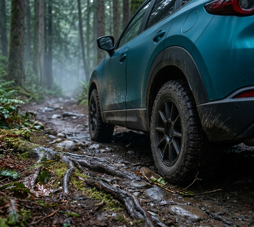 Un crossover bleu qui roule en forêt